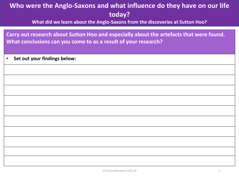 Research about Sutton Hoo and the artifacts that were found - Worksheet - Year 5