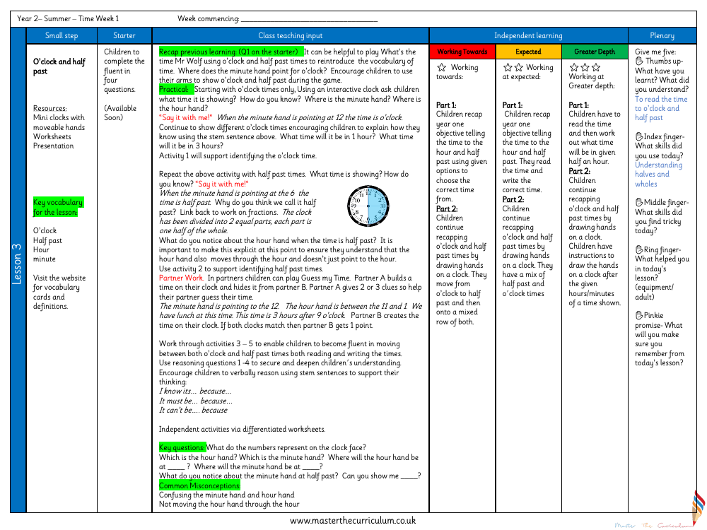 Time - O'clock and half past - Planning