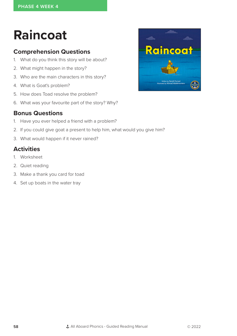 Week 4, Guided Reading "Raincoat - Phonics Phase 4 - Worksheet