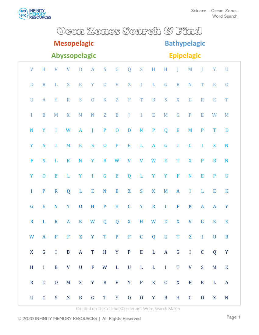 Types of Ocean Zones - Word Search