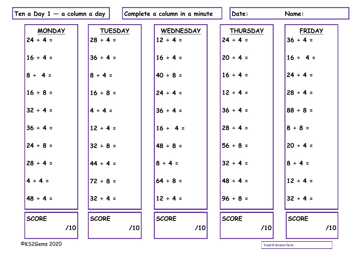 Ten a Day 4 and 8 Division Facts
