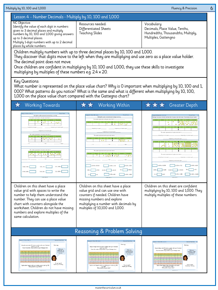 Decimal - Multiply by 10, 100 and 1,000 - Worksheet