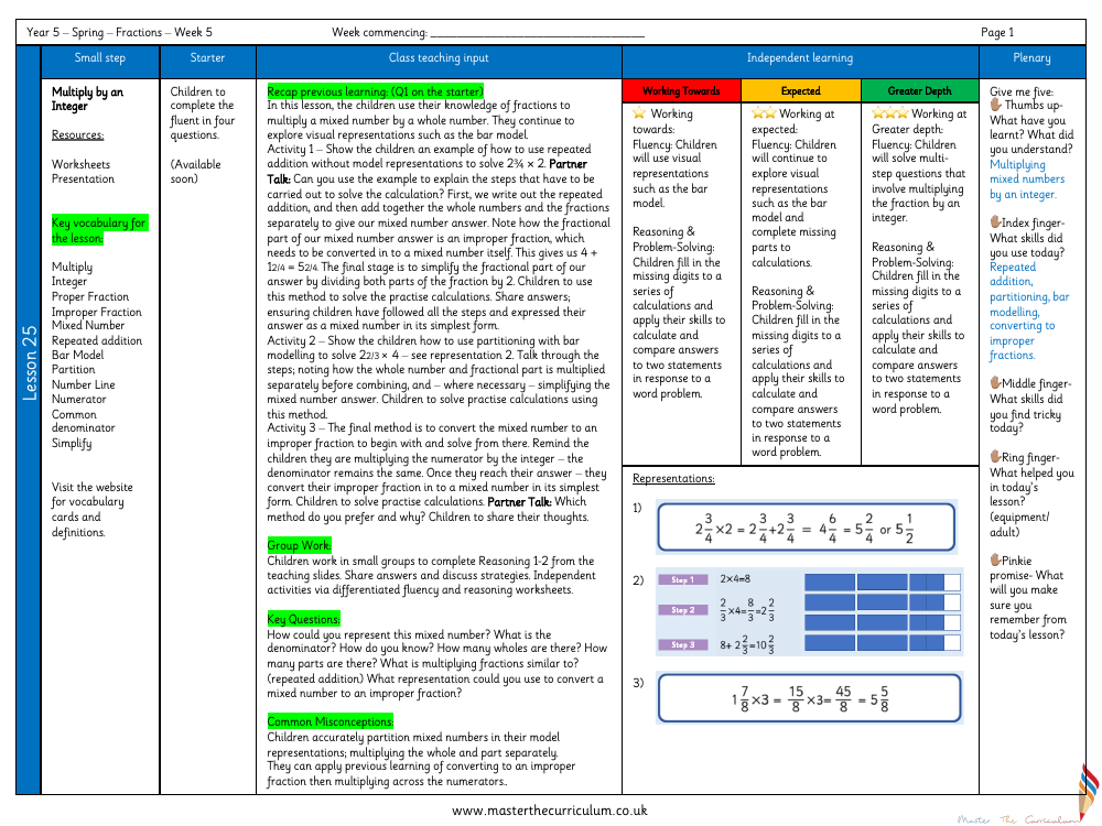 Fractions - Multiply a Mixed Number by an Integer - Planning