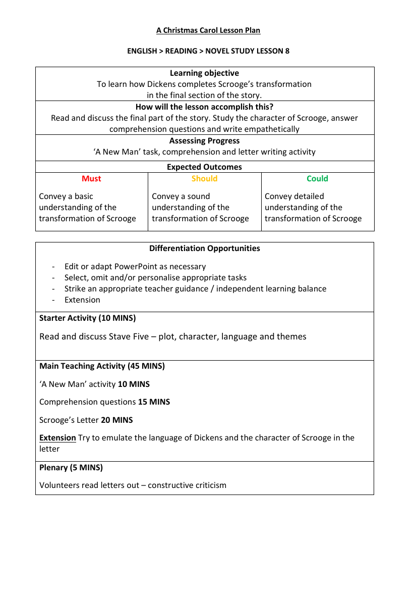 A Christmas Carol - Lesson 8 - A New Man- Lesson Plan