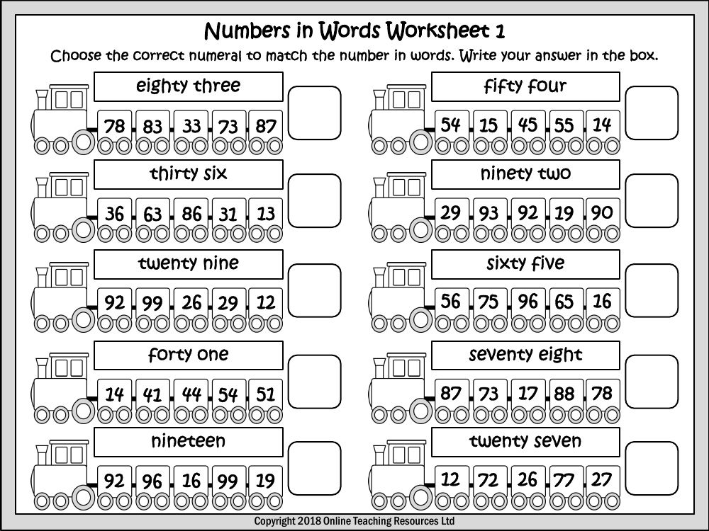 Numbers in Words - Worksheet