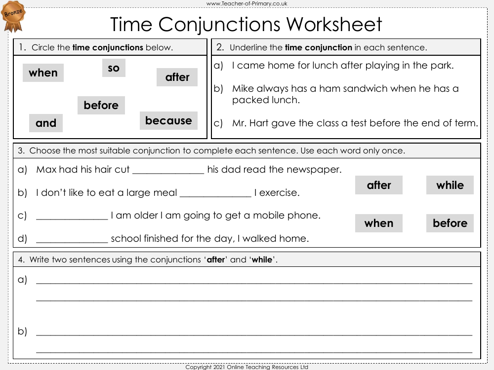 Time Conjunctions Worksheet English Year 3