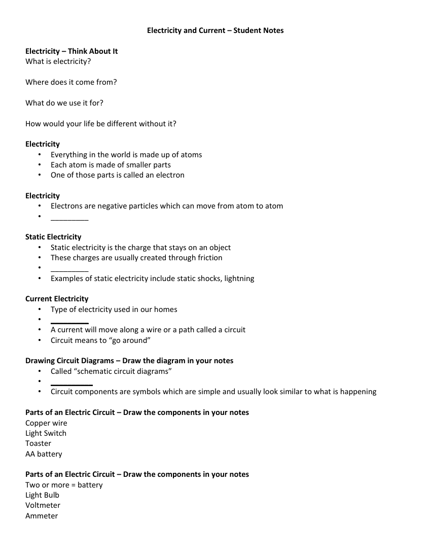 Electricity and Current - Student Lesson Outline