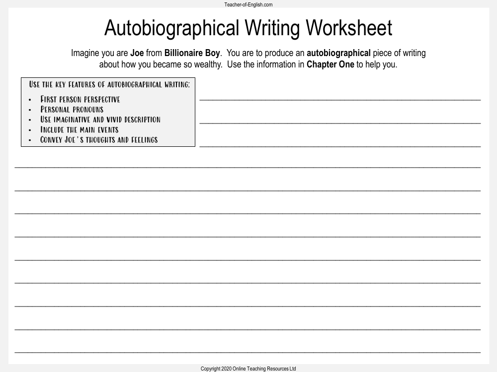 Billionaire Boy - Lesson 1 - Autobiographical Writing Worksheet