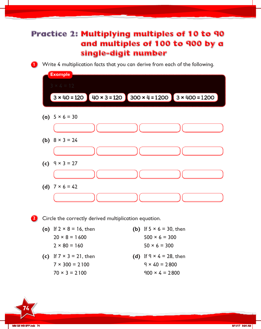 Max Maths, Year 5, Work Book, Multiplying multiples of 10 to 90 and multiples of 100 to 900 by a single-digit number