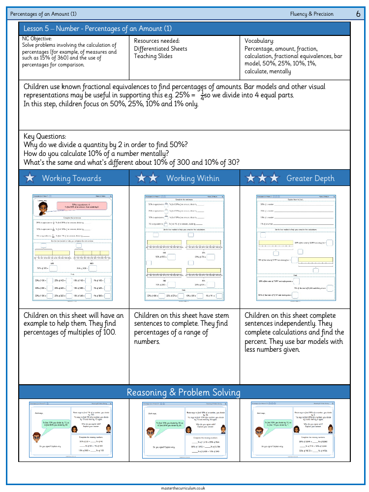 Percentages - Percentages of an amount (focus on 50, 25, 10 and 1 percent only) - Worksheet