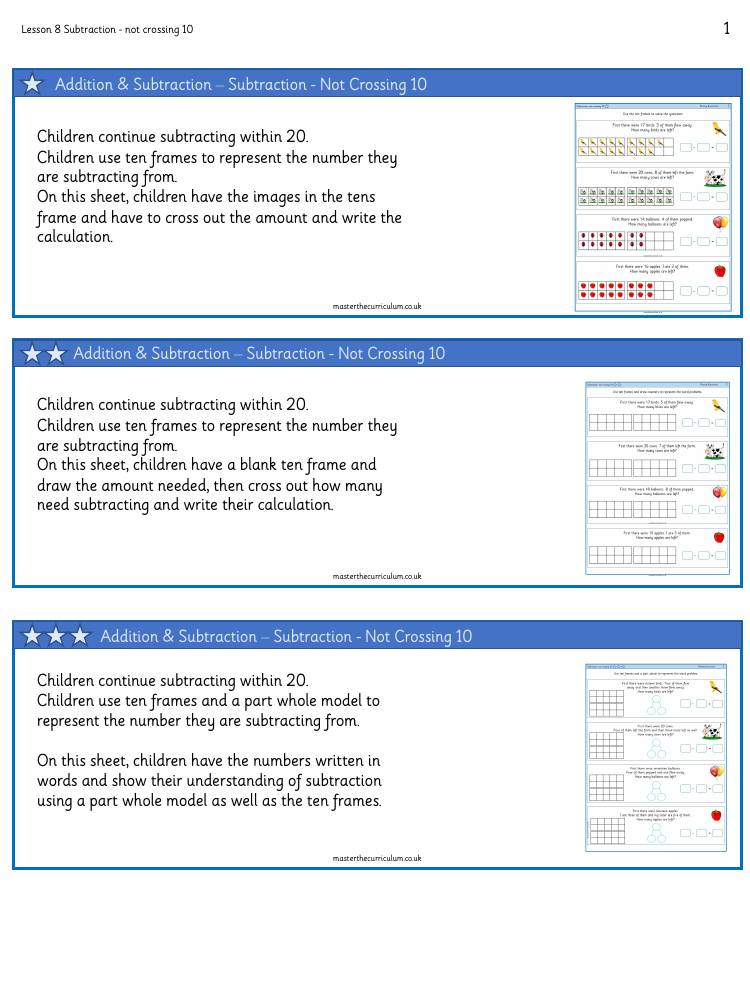 Addition and subtraction within 20 - Subtraction not crossing 10 - Worksheet