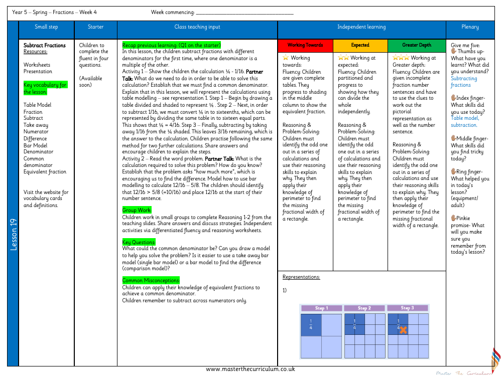 Fractions - Subtract Fractions - Planning