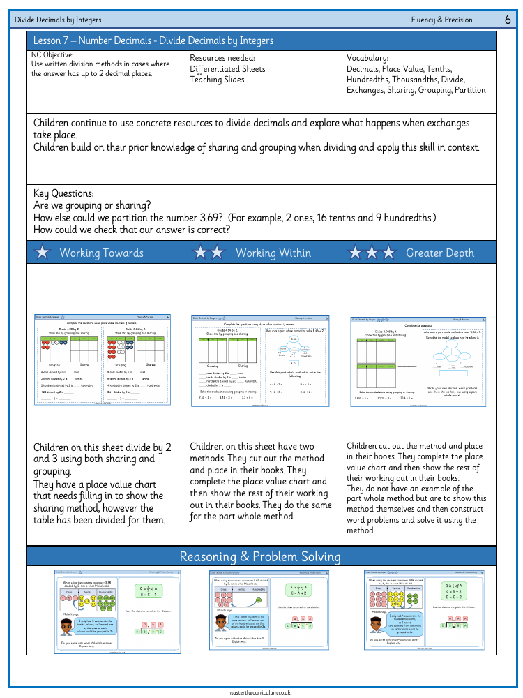 Decimal - Divide Decimals by Integers - Worksheet