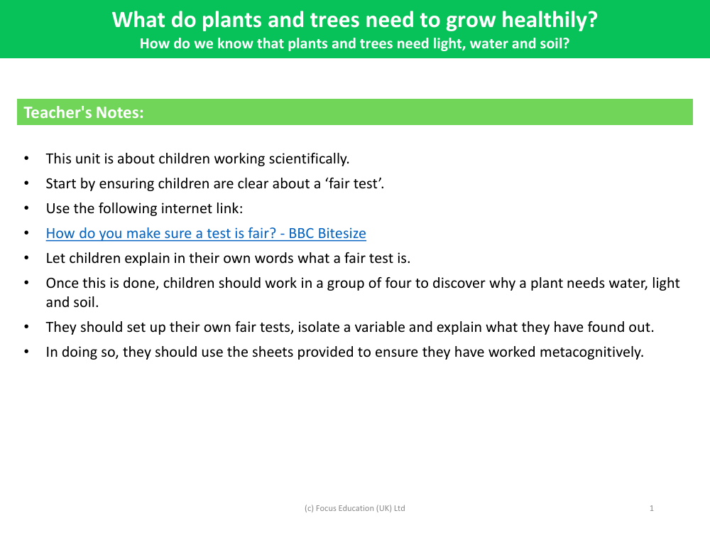 How do we know that plants and trees need light, water and soil? - Teacher's Notes