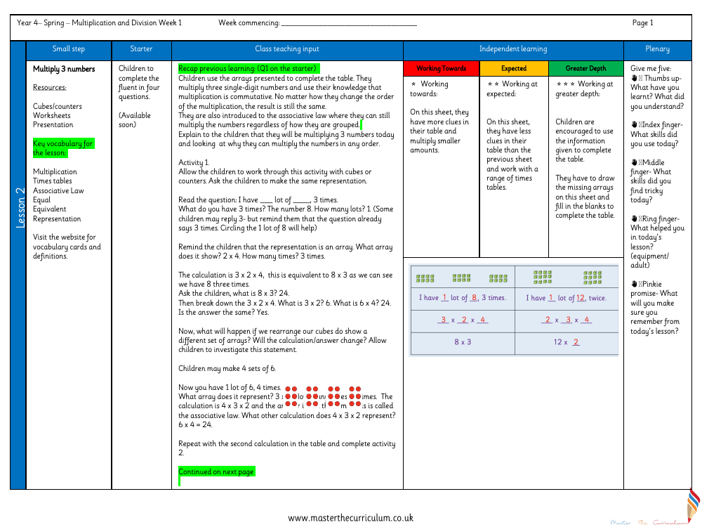 Multiplication and Division - Multiply 3 numbers - Planning