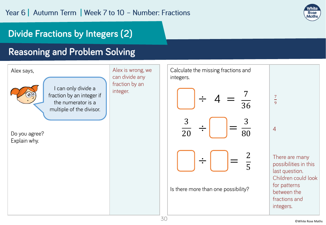 Divide fractions by integers (2): Reasoning and Problem Solving