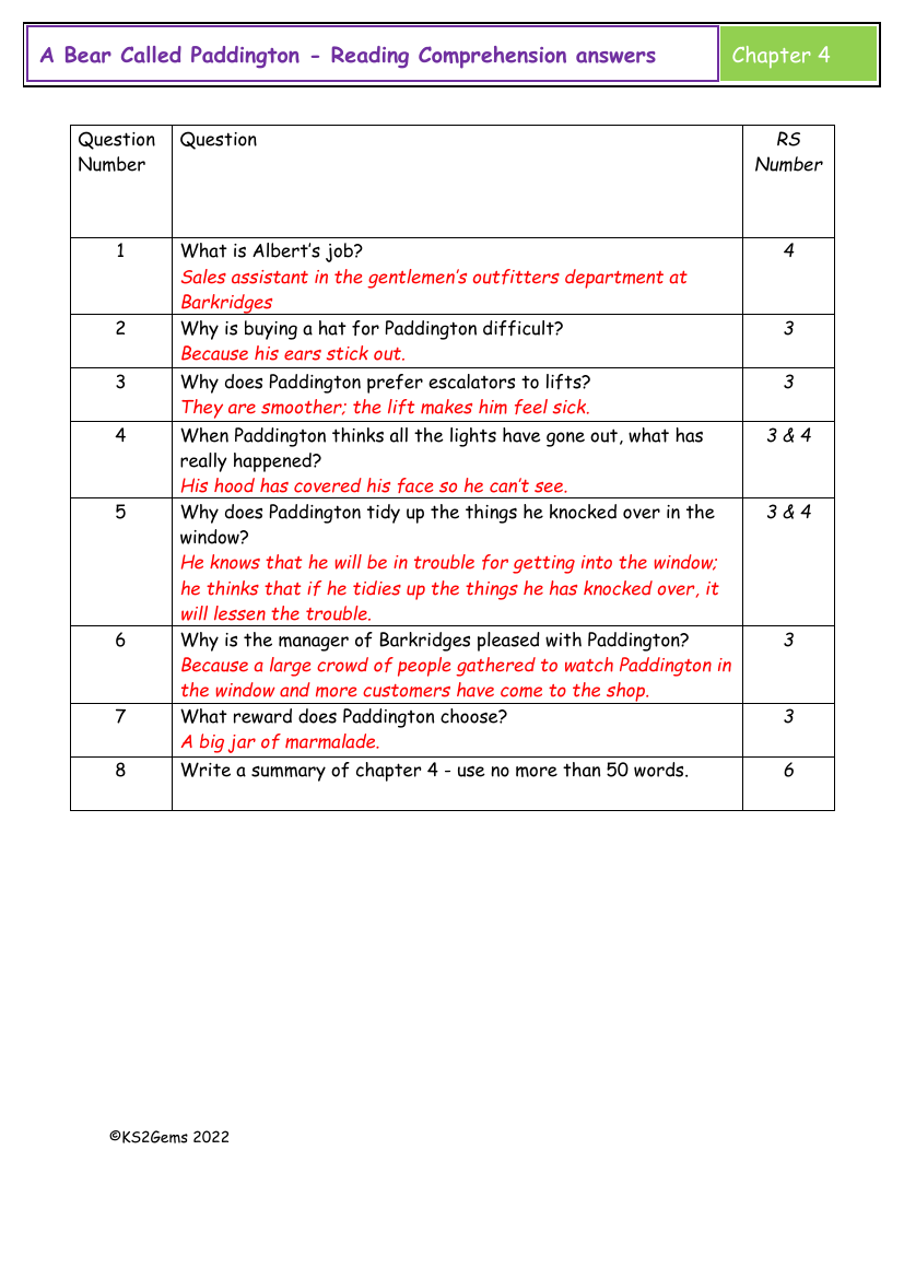 A Bear Called Paddington - Chapter 4 - Reading Comprehension Answers