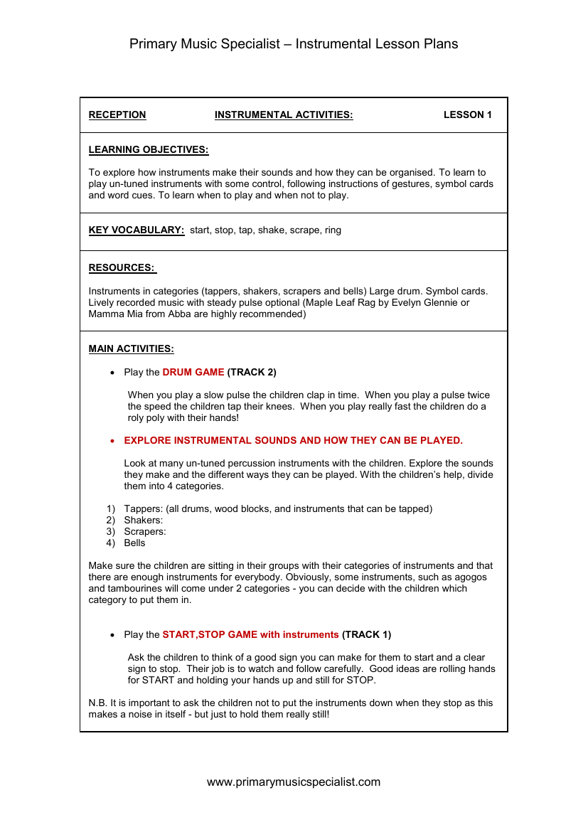 Instrumental Lesson Plan - Reception Lesson 1