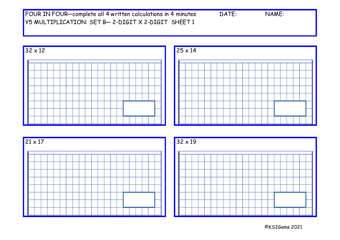 Four in Four Multiplication Set B 2 digit number x 2 digit number