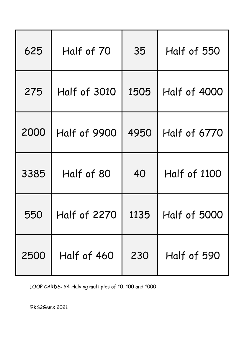 Loop Card Game - Halving multiples of 10, 100 and 1000