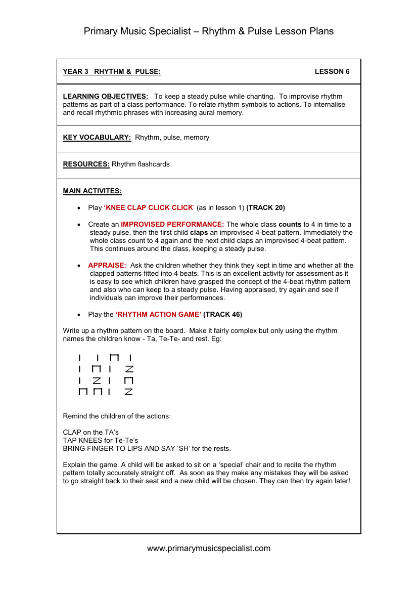 Rhythm and Pulse Lesson Plan - Year 3 Lesson 6