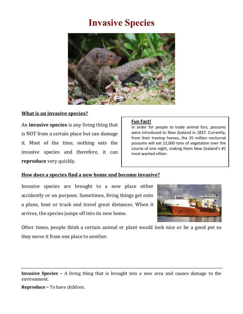 Invasive Species - Reading with Comprehension Questions