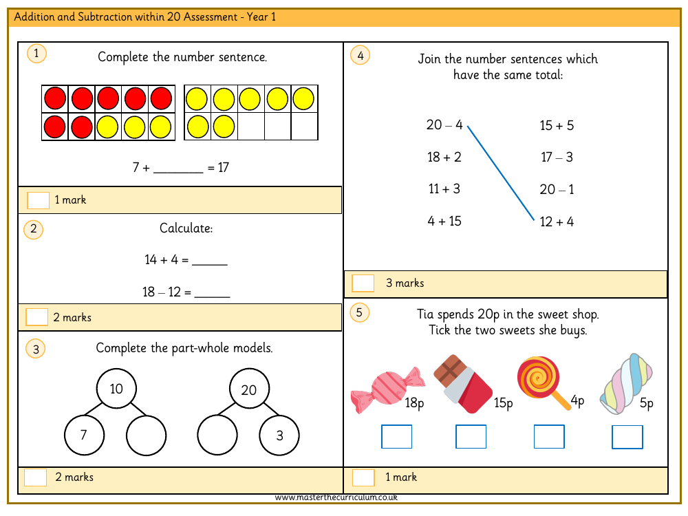 Addition and subtraction within 20 - Assessment