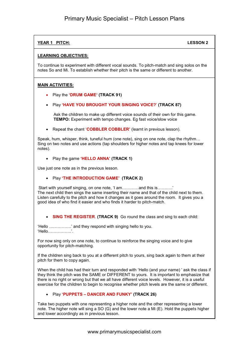 Pitch Lesson Plan - Year 1 Lesson 2