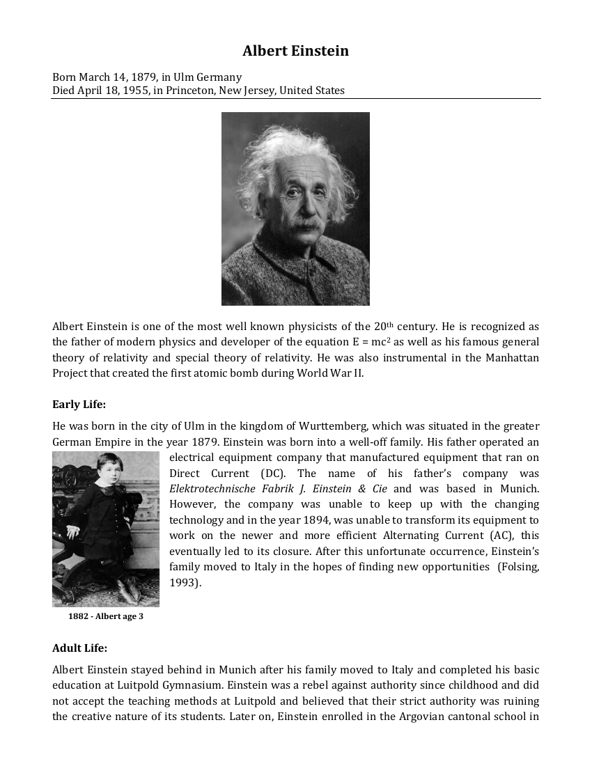 Albert Einstein - Reading with Comprehension Questions