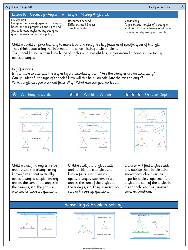 Properties of Shape - Angles in a Triangle – Missing Angles (3) - Worksheet