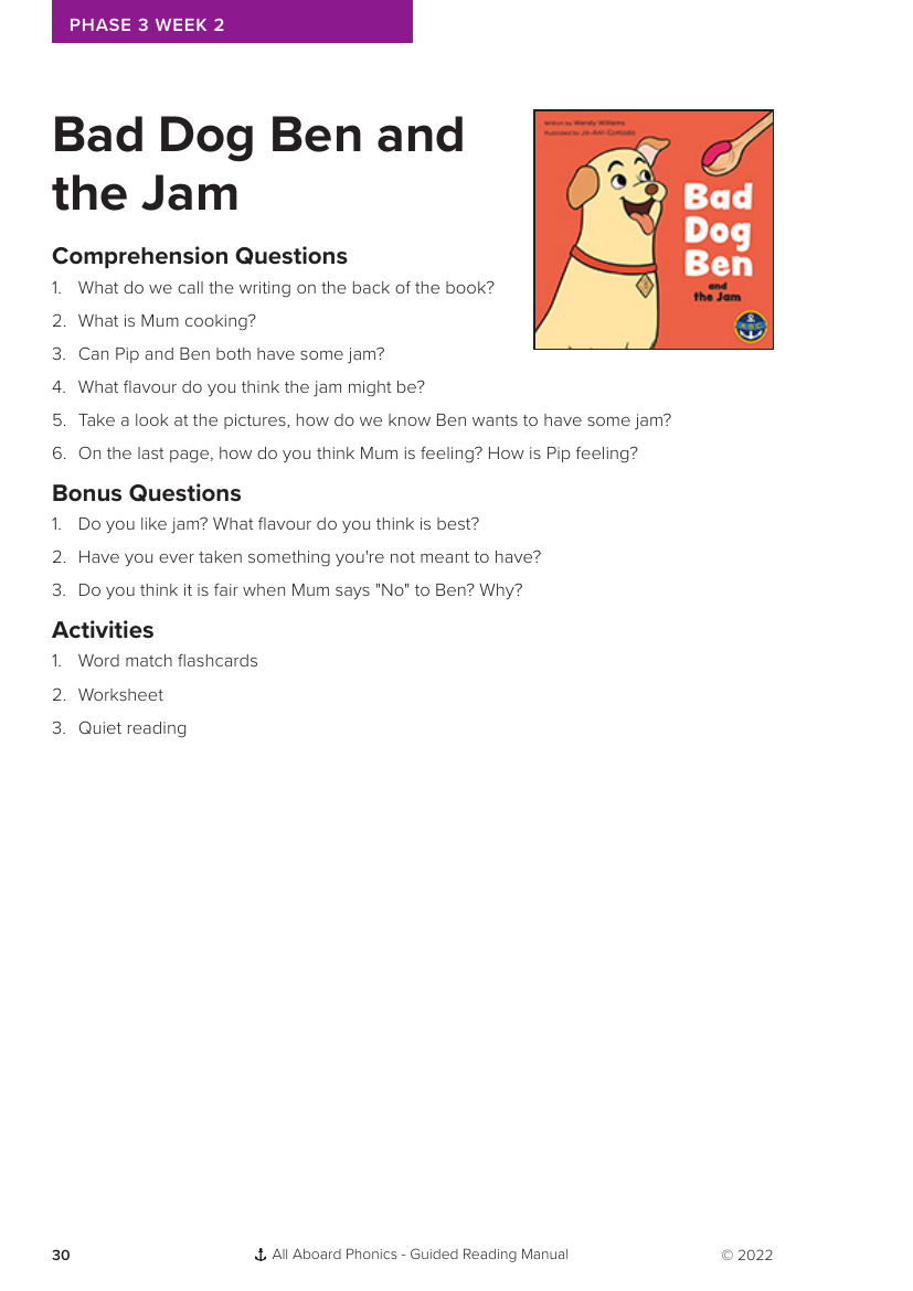 Week 2, Guided Reading "Bad Dog Ben" - Phonics Phase 3 - Worksheet