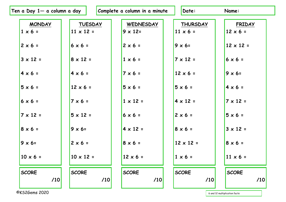 Ten a Day 6 and 12 Times Table