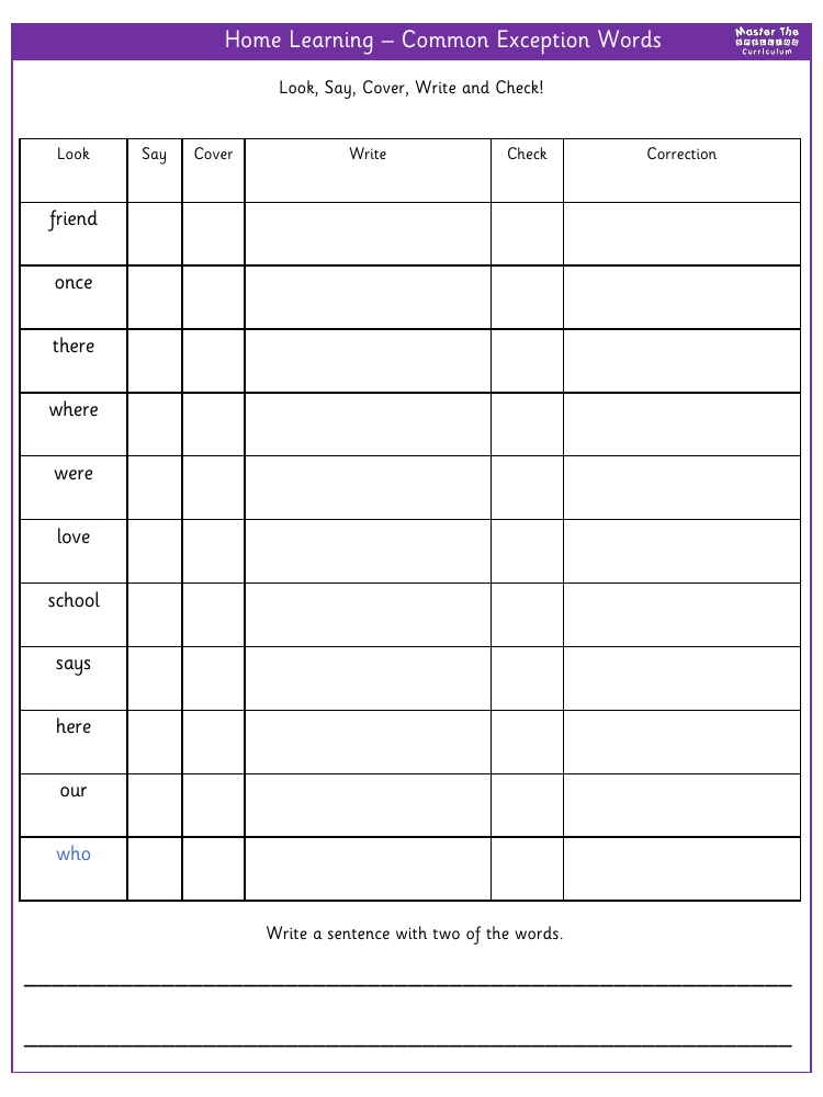 Spelling - Common Exceptions Word activity 4