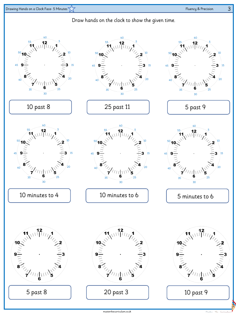 Time - Telling the time to 5 minutes - Worksheet