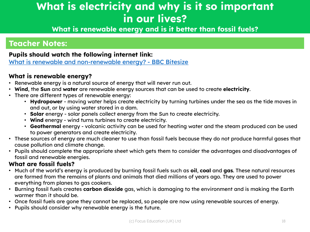 What is renewable energy and is it better than fossil fuels? - Teacher notes