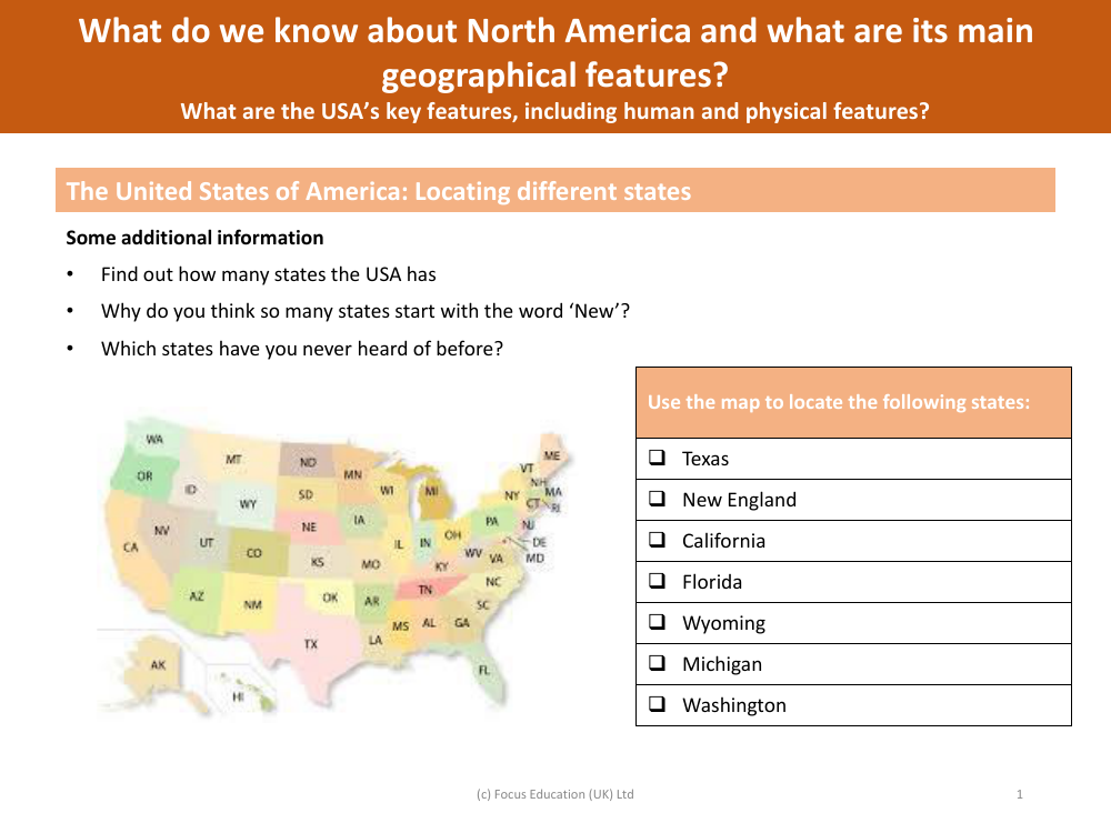 Locate on a map - States of the USA