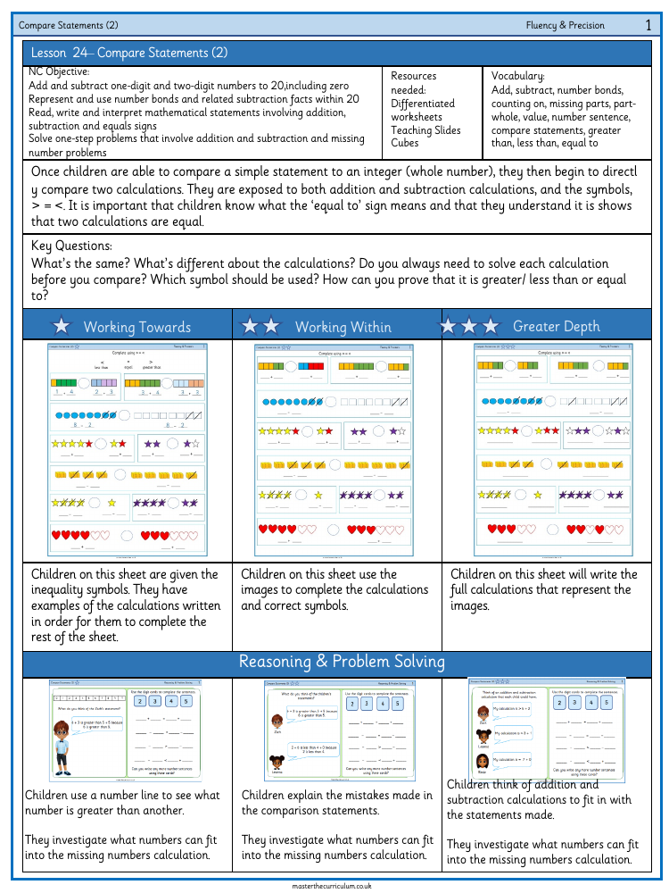 Addition and subtraction within 10 - Comparing statements 2 - Worksheet