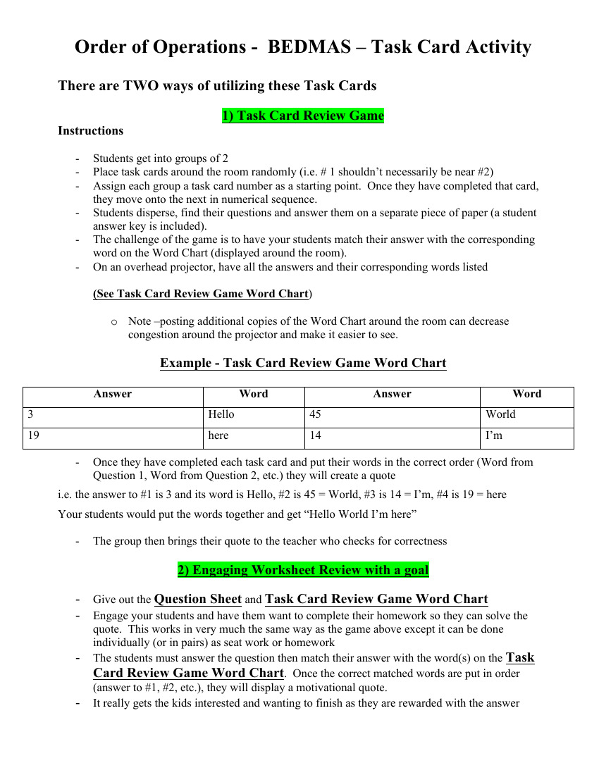 Order of Operations - BEDMAS - Task Card Activity