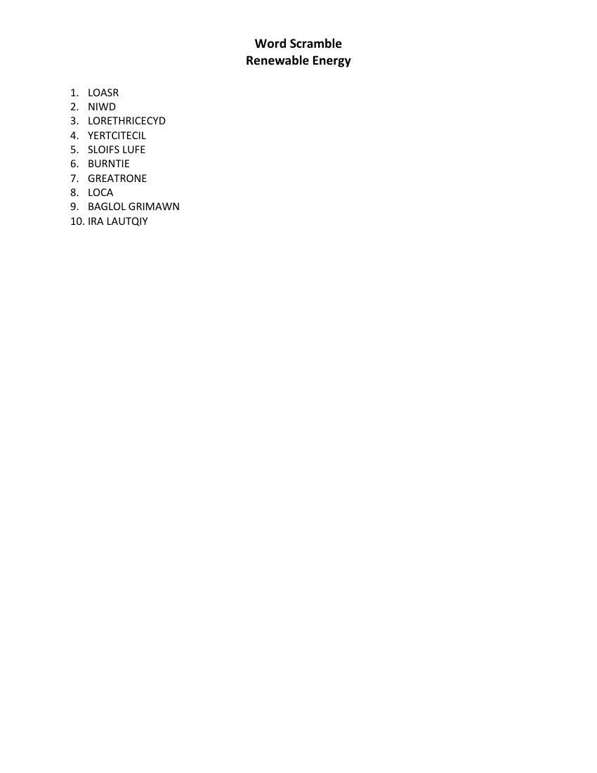 Renewable Energy - Word Scramble