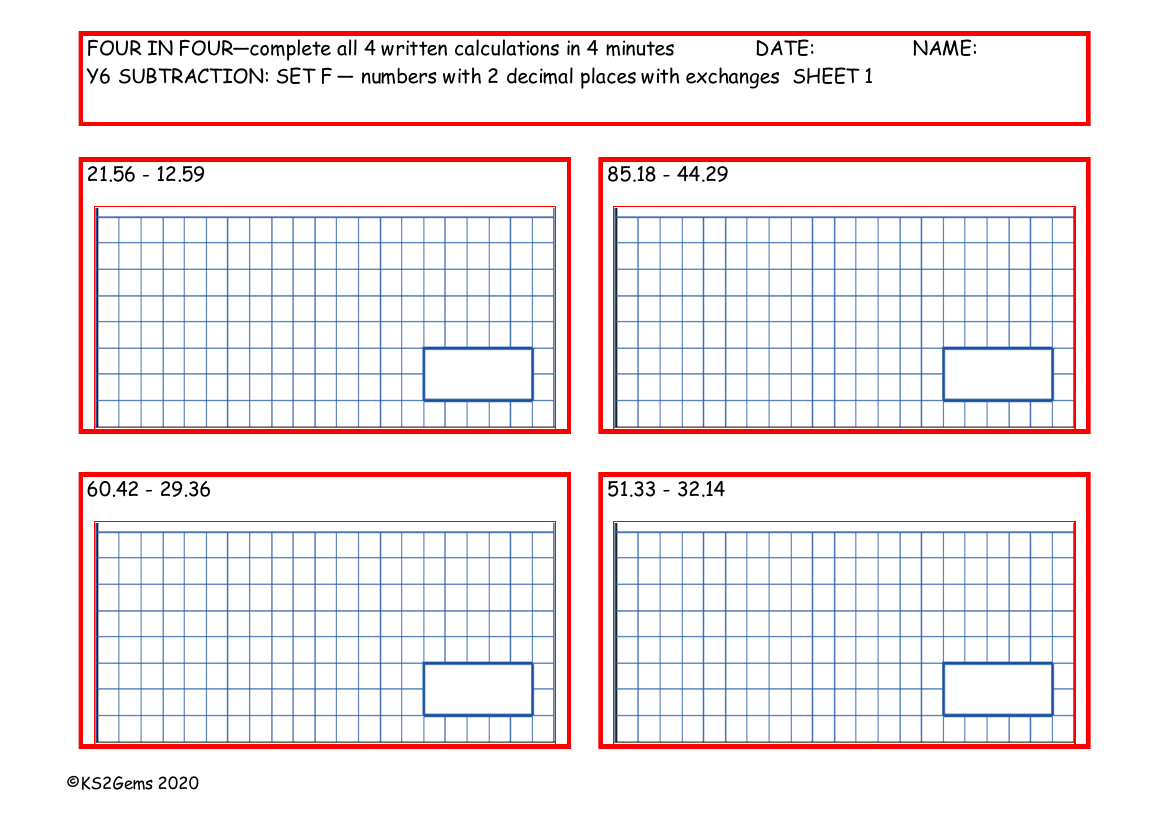 Four in Four - Subtraction Set F - numbers with 2 decimal places with exchanges