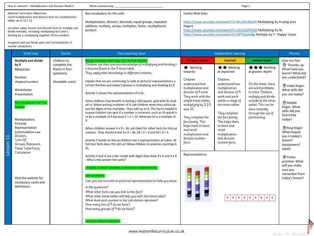 Multiplication and Division - Multiply and divide by 9 - Planning