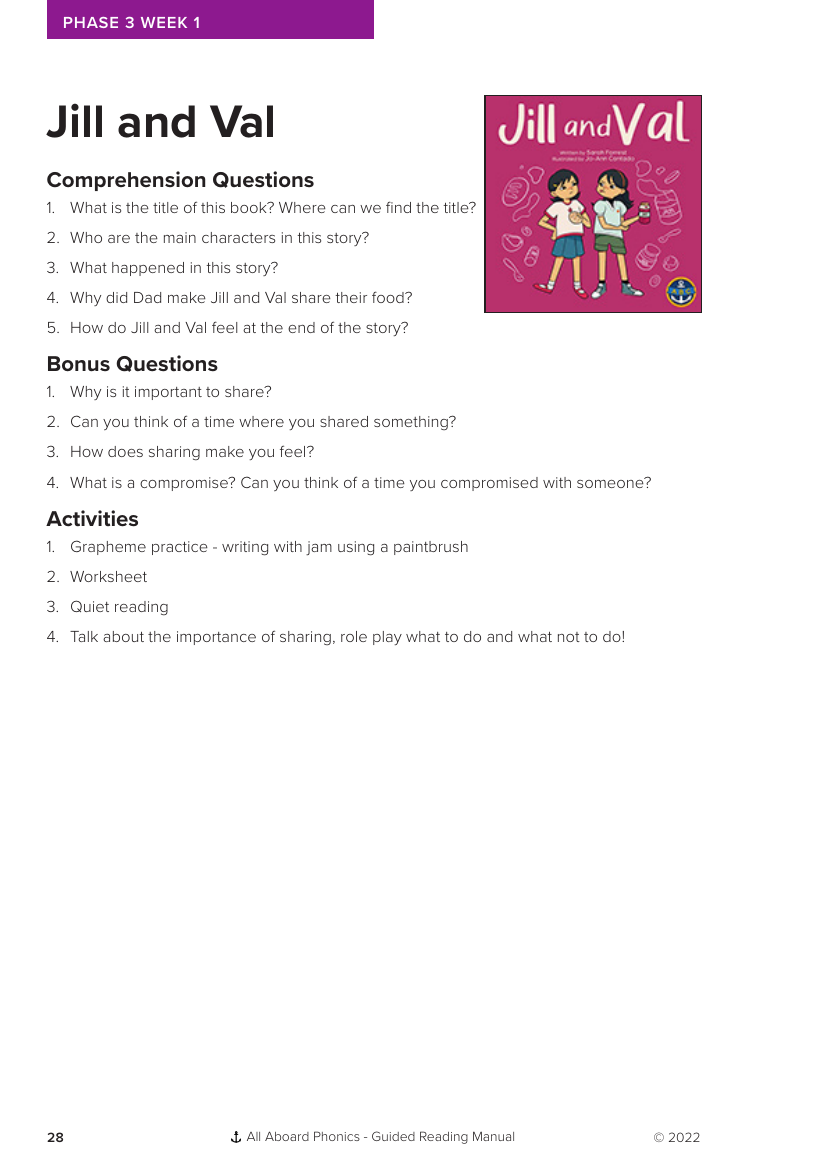 Week 1, Guided Reading "Jill and Val" - Phonics Phase 3 - Worksheet