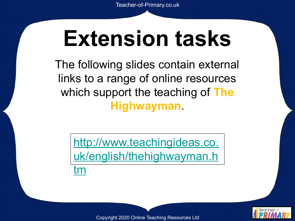 The Highwayman - Extension Tasks and Links PowerPoint