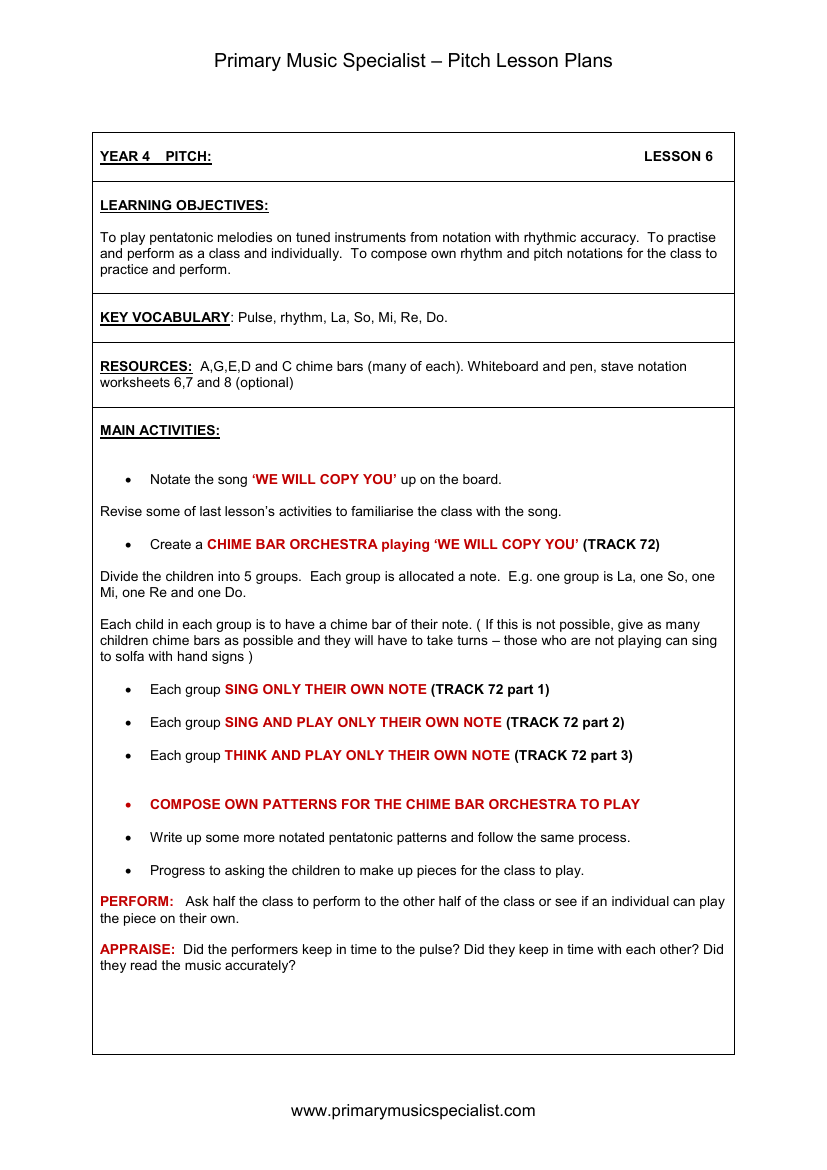 Pitch Lesson Plan - Year 4 Lesson 6