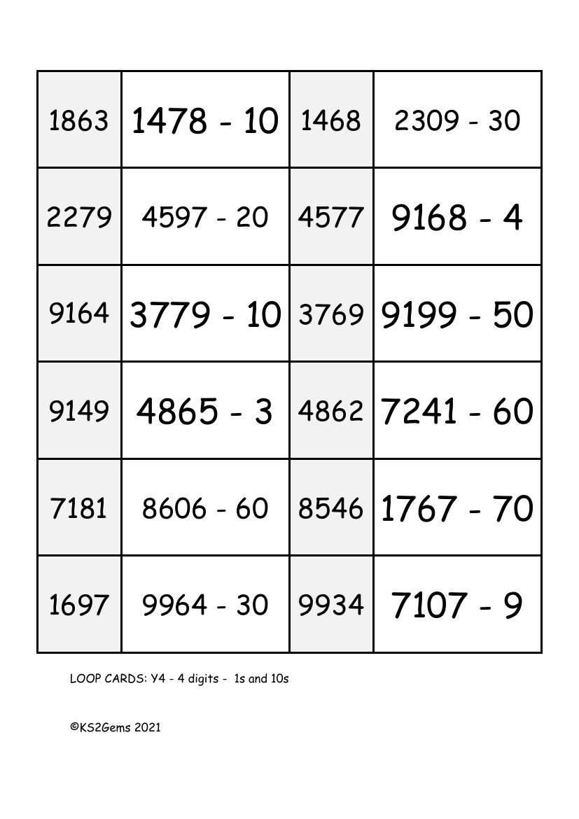 Loop Card Game - 4 digits subtracting 1s and 10s