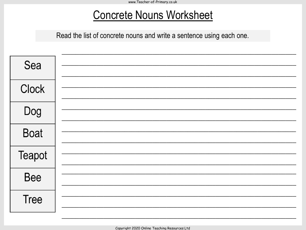 Concrete Nouns - Worksheet
