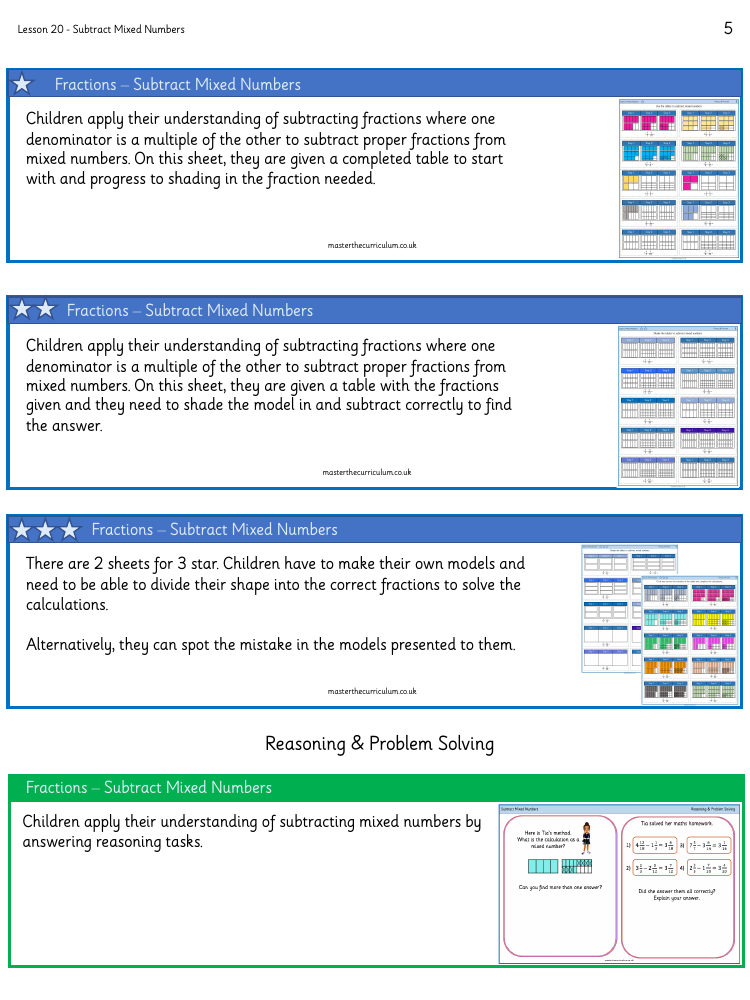 Fractions - Subtract Mixed Numbers - Worksheet