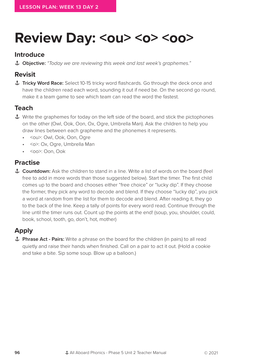 Week 13, lesson 2 Review day (ou,o,oo) - Phonics Phase 5, unit 2 - Lesson plan