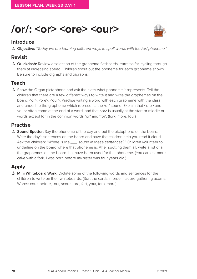 Week 23, lesson 1, Phoneme "or,ore,our" - Phonics Phase 5, unit 3 - Lesson plan