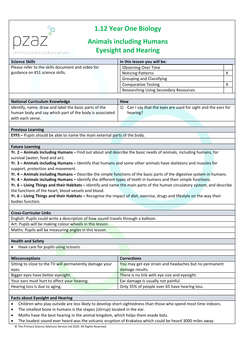 Eyesight and Hearing - Lesson Plan